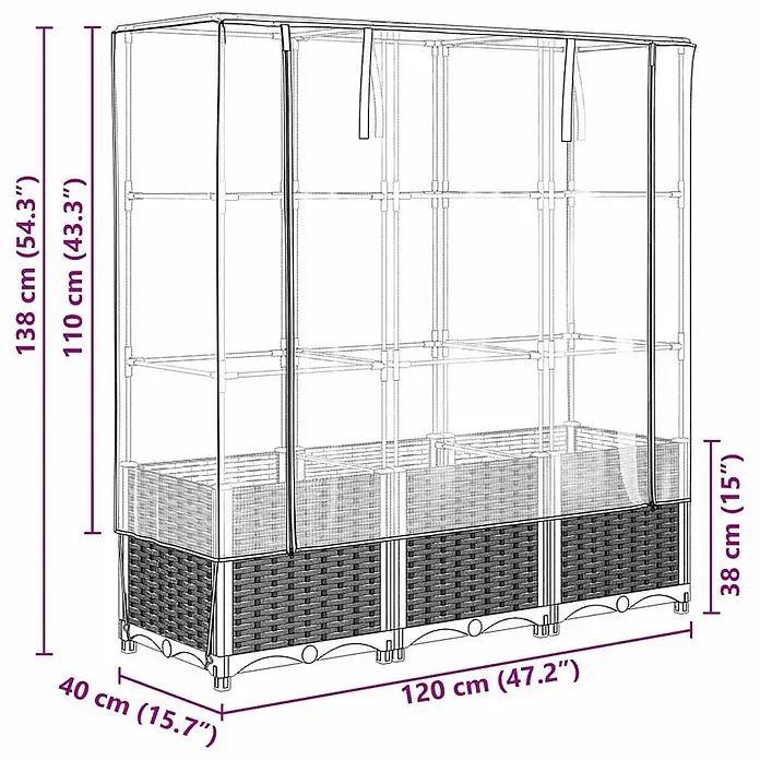 Furnicato Hochbeet Inklusive Gewächshaus-Aufsatz - 120 x 40 x 138 cm, Kunststoff, Weiß - Transparentes Gewächshaus mit dunklem Rattan-Hochbeet.