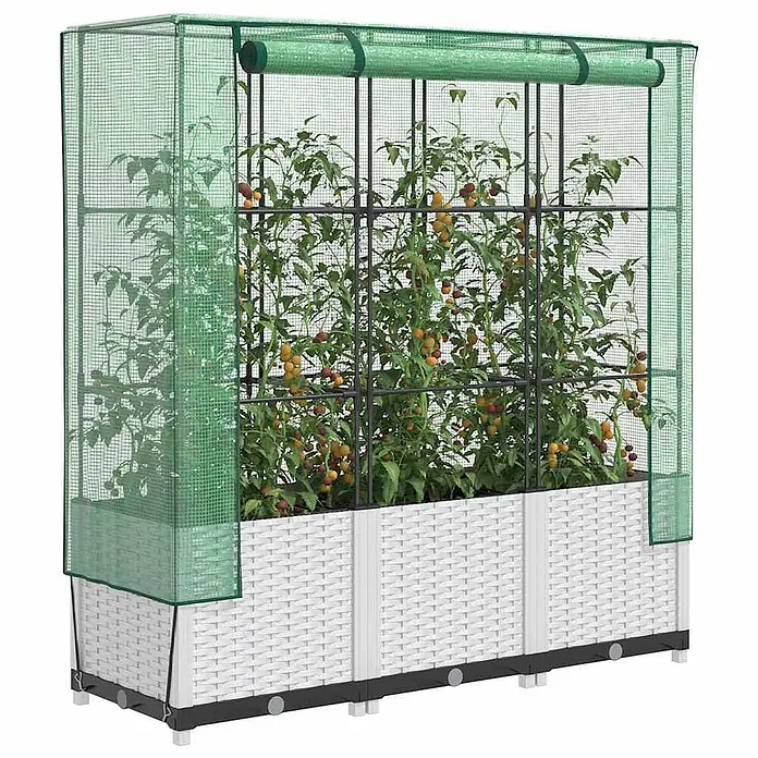 Furnicato Hochbeet Inklusive Gewächshaus-Aufsatz - 120 x 40 x 138 cm, Kunststoff, Weiß - Weißes Hochbeet mit grünem Gewächshausnetz und wachsenden Tomatenpflanzen darin.