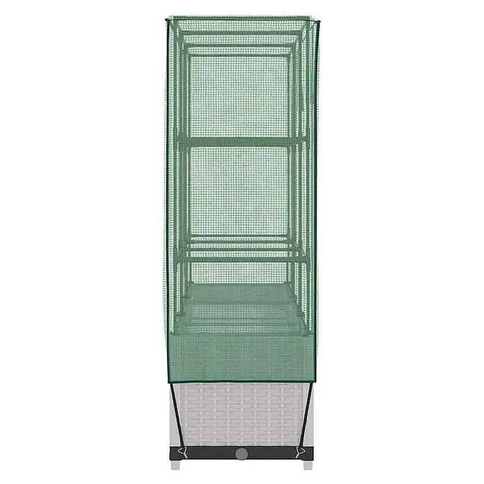 Furnicato Hochbeet Inklusive Gewächshaus-Aufsatz - 120 x 40 x 138 cm, Kunststoff, Weiß - Hohe, schmale, grüne Gittergewebe-Gewächshausabdeckung über einem mehrstufigen Pflanzenständer, an weißer Basis befestigt.
