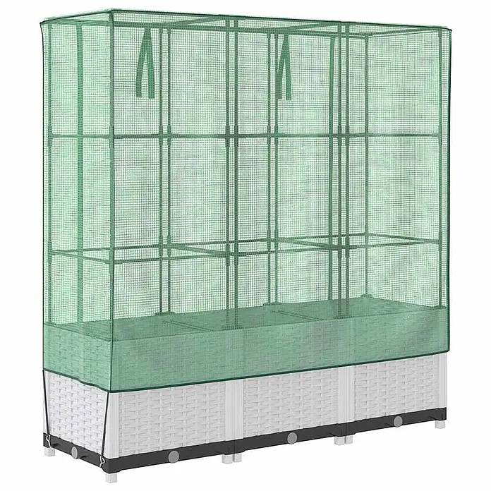 Furnicato Hochbeet Inklusive Gewächshaus-Aufsatz - 120 x 40 x 138 cm, Kunststoff, Weiß - Hochbeet mit grünem Netz-Gewächshausaufsatz. Weiße Korbgeflecht-Basis.