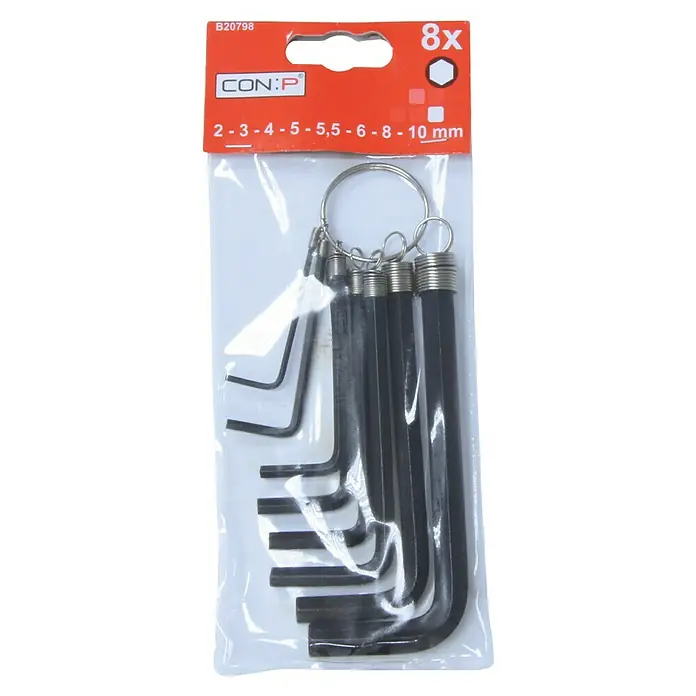 Connex Set de llaves Allen - 8 pzs., Ancho de llave: 2 mm - 10 mm - Imagen de un juego de llaves Allen CON:P (8 piezas) con tamaños que van de 2 a 10 mm, empaquetado en un estuche de plástico transparente.