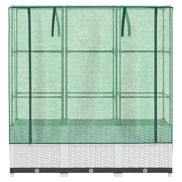 Furnicato Hochbeet Inklusive Gewächshaus-Aufsatz - 120 x 40 x 138 cm, Kunststoff, Weiß - Grünes Netz-Minigewächshaus mit weißem Geflechtmuster-Sockel und sichtbaren Regalen für die Pflanzenzucht.