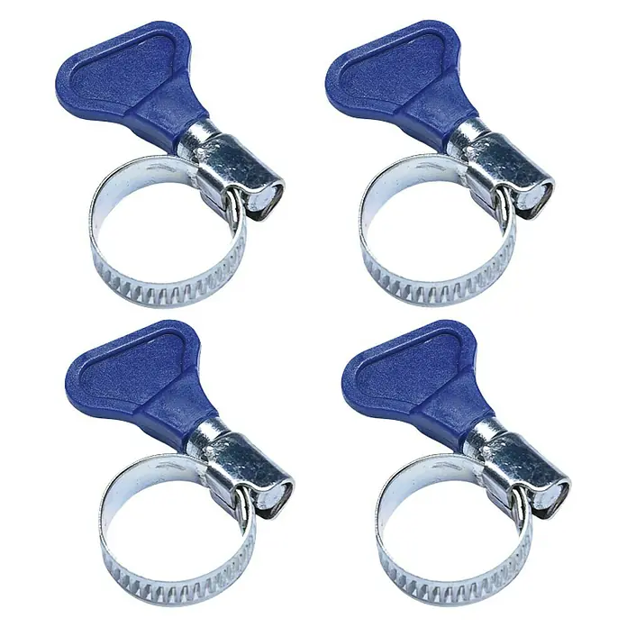 Connex Surtido de abrazaderas para manguera 12 - 20 mm - 4 pzs., Acero inoxidable - Cuatro abrazaderas con mangos azules. Ideales para la fijación rápida y sencilla de mangueras. Duraderas y fiables.