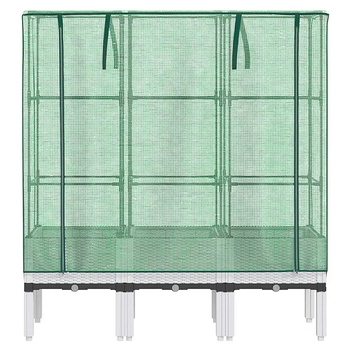 Furnicato Hochbeet Inklusive Gewächshaus-Aufsatz - 120 x 40 x 110 cm, Kunststoff, Weiß - Grüne Netz-Gewächshausabdeckung auf einem weißen Hochbeet mit drei Fächern.