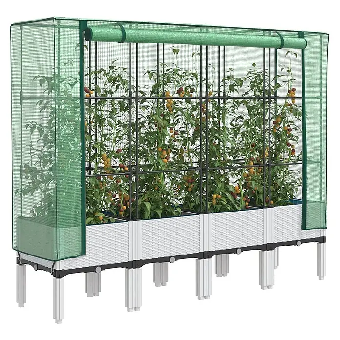 Furnicato Hochbeet Inklusive Gewächshaus-Aufsatz - 160 x 40 x 110 cm, Kunststoff, Weiß - Weißes Hochbeet mit grünem Netz-Gewächshausabdeckung, das Tomatenpflanzen enthält.