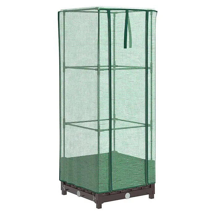 Furnicato Hochbeet Inklusive Gewächshaus-Aufsatz - 40 x 40 x 110 cm, Kunststoff, Braun - Hohes, schmales Gewächshaus mit grünem Netzbezug und dunkelbraunem Sockel, ideal für Pflanzenanzucht.