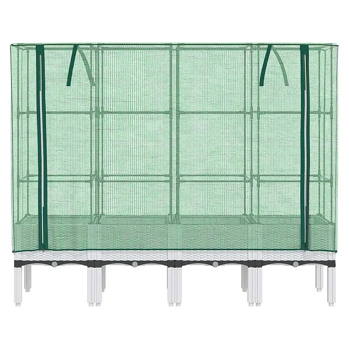 Furnicato Hochbeet Inklusive Gewächshaus-Aufsatz - 160 x 40 x 110 cm, Kunststoff, Weiß - Hochbeet mit grünem Netz-Gewächshausüberzug, weißem Flechtboden und stabilen weißen Beinen.