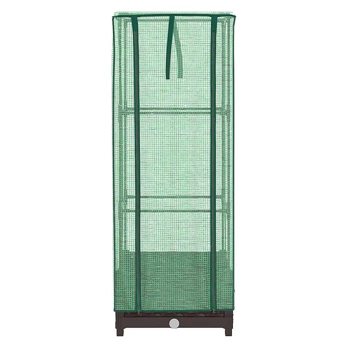 Furnicato Hochbeet Inklusive Gewächshaus-Aufsatz - 40 x 40 x 110 cm, Kunststoff, Braun - Hohes tragbares Gewächshaus mit grünem Gitterbezug und dunkelbraunem Unterbau mit Regalböden.