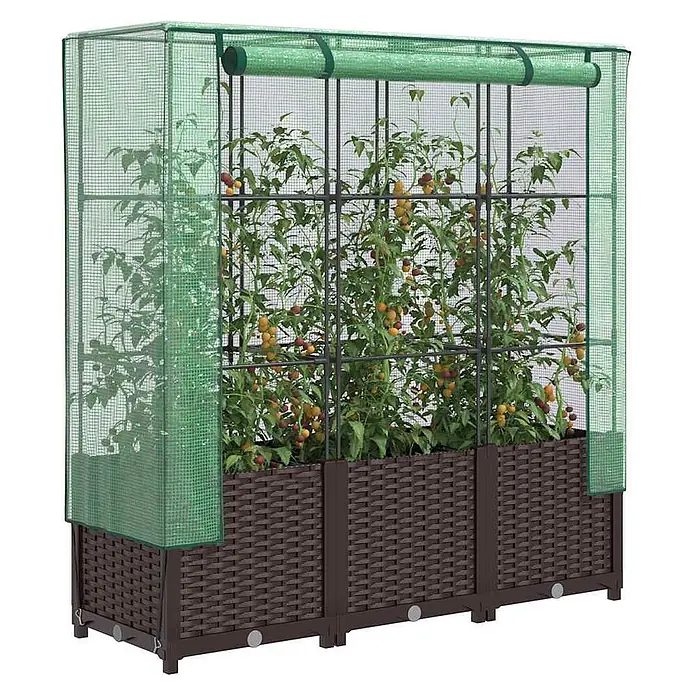 Furnicato Hochbeet Inklusive Gewächshaus-Aufsatz - 120 x 40 x 138 cm, Kunststoff, Braun - Dunkelbraunes Hochbeet in Rattan-Optik mit grünem Gewächshausnetz, ideal für Pflanzenzucht.