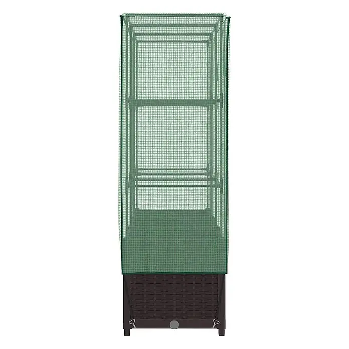 Furnicato Hochbeet Inklusive Gewächshaus-Aufsatz - 120 x 40 x 138 cm, Kunststoff, Braun - Hohes braunes Hochbeet mit grünem Netz-Gewächshausaufsatz und drei Innenablagen.