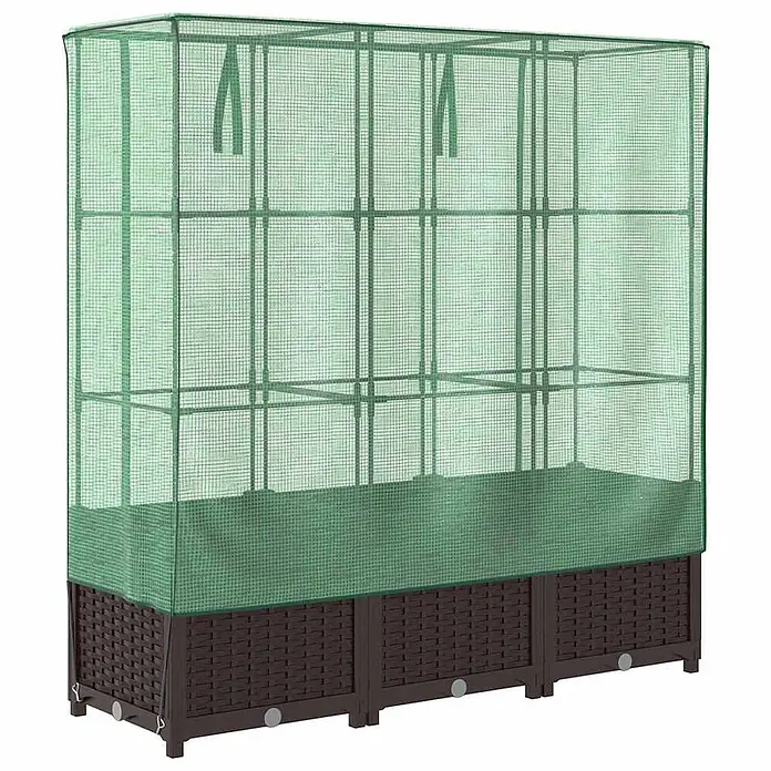Furnicato Hochbeet Inklusive Gewächshaus-Aufsatz - 120 x 40 x 138 cm, Kunststoff, Braun - Braunes Hochbeet im Rattan-Stil mit einer grünen, transparenten Netz-Gewächshausabdeckung.