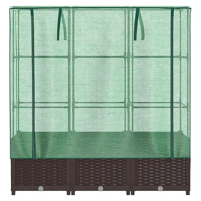 Furnicato Hochbeet Inklusive Gewächshaus-Aufsatz - 120 x 40 x 138 cm, Kunststoff, Braun - Grünes Netz-Mini-Gewächshaus mit braunem Rattan-Hochbeet, zur Pflanzenzucht.