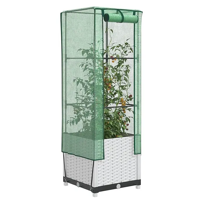 Furnicato Hochbeet Inklusive Gewächshaus-Aufsatz - 40 x 40 x 139 cm, Kunststoff, Weiß - Grünes Netz-Minigewächshaus mit Rolltür über einem weißen Rattan-Hochbeet, mit wachsenden Pflanzen.