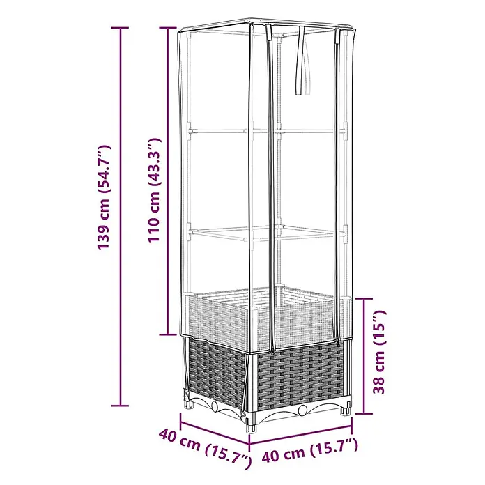 Furnicato Hochbeet Inklusive Gewächshaus-Aufsatz - 40 x 40 x 139 cm, Kunststoff, Weiß - Hohes, quadratisches Mini-Gewächshaus mit transparenter Abdeckung und dunklem Rattan-Unterteil, mit Maßen.