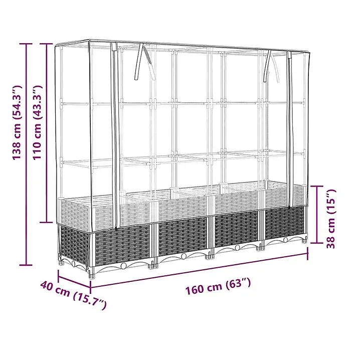 Furnicato Hochbeet Inklusive Gewächshaus-Aufsatz - 160 x 40 x 110 cm, Kunststoff, Schwarz - Dunkles Hochbeet im Rattan-Stil mit transparenter Gewächshausabdeckung zum Pflanzenanbau.