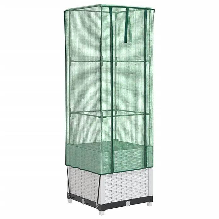 Furnicato Hochbeet Inklusive Gewächshaus-Aufsatz - 40 x 40 x 139 cm, Kunststoff, Weiß - Hoher grüner Pflanzenschrank aus Netzgewebe mit weißem Rattan-Sockel und Innenregalen.
