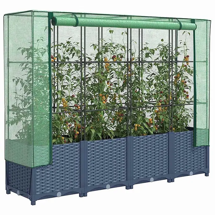 Furnicato Hochbeet Inklusive Gewächshaus-Aufsatz - 160 x 40 x 110 cm, Kunststoff, Blaugrau - Grau geflochtenes Hochbeet mit schwarzem Rankgitter und grünem Schutznetz, bepflanzt mit Tomaten.