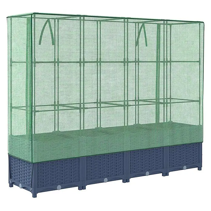Furnicato Hochbeet Inklusive Gewächshaus-Aufsatz - 160 x 40 x 110 cm, Kunststoff, Blaugrau - Hochbeet mit dunkelblauem Rattan-Unterteil und grünem Netz-Gewächshausaufsatz.