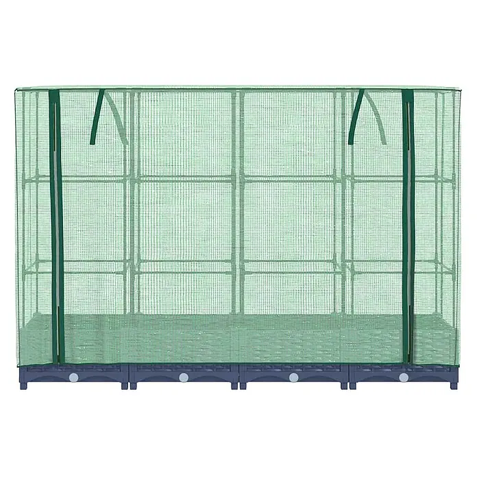 Furnicato Hochbeet Inklusive Gewächshaus-Aufsatz - 160 x 40 x 123 cm, Kunststoff, Blaugrau - Grünes tragbares Mini-Gewächshaus mit durchscheinender Netzabdeckung, Innenrahmen, Reißverschlussöffnung und dunkelgrauem Sockel.