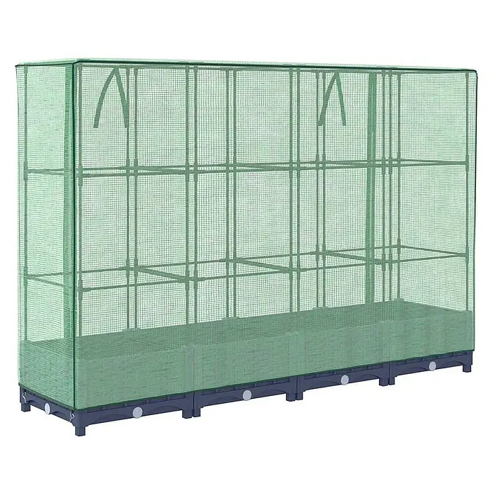 Furnicato Hochbeet Inklusive Gewächshaus-Aufsatz - 160 x 40 x 123 cm, Kunststoff, Blaugrau - Grünes Netz-Gewächshaus mit Innenregalen auf dunklem Sockel, ideal für Pflanzenzucht.