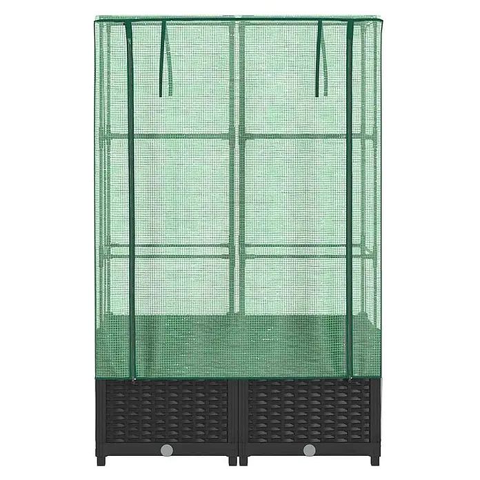 Furnicato Hochbeet Inklusive Gewächshaus-Aufsatz - 80 x 40 x 138 cm, Kunststoff, Schwarz - Hohes, grünes Netzgewächshaus mit schwarzem Rattan-Hochbeet-Unterbau.