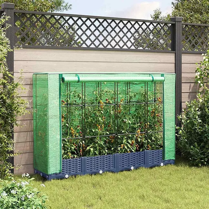 Furnicato Hochbeet Inklusive Gewächshaus-Aufsatz - 160 x 40 x 123 cm, Kunststoff, Blaugrau - Grünes Mini-Gewächshaus aus Stoff mit dunkelgrauen Rattan-Pflanzgefäßen, voller Pflanzen, im Garten.