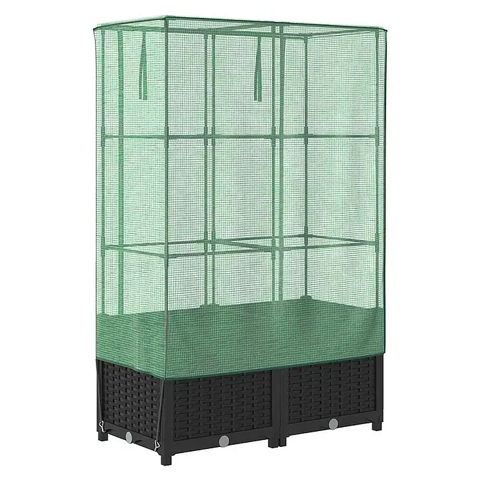 Furnicato Hochbeet Inklusive Gewächshaus-Aufsatz - 80 x 40 x 138 cm, Kunststoff, Schwarz - Grünes Gewächshausabdeckung über einem schwarzen Hochbeet in Rattanoptik.