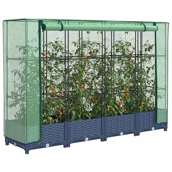 Furnicato Hochbeet Inklusive Gewächshaus-Aufsatz - 160 x 40 x 123 cm, Kunststoff, Blaugrau - Langes Mini-Gewächshaus mit grünem Netzbezug, dunkelgrauen Rattan-Optik-Pflanzgefäßen und Tomatenpflanzen an Rankgittern.