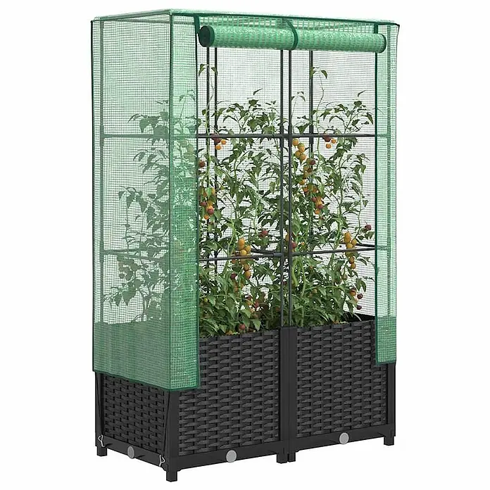Furnicato Hochbeet Inklusive Gewächshaus-Aufsatz - 80 x 40 x 138 cm, Kunststoff, Schwarz - Grünes Netzgewächshaus mit aufrollbarer Abdeckung über einem dunkelgrauen, geflochtenen Hochbeet, gefüllt mit Tomatenpflanzen.