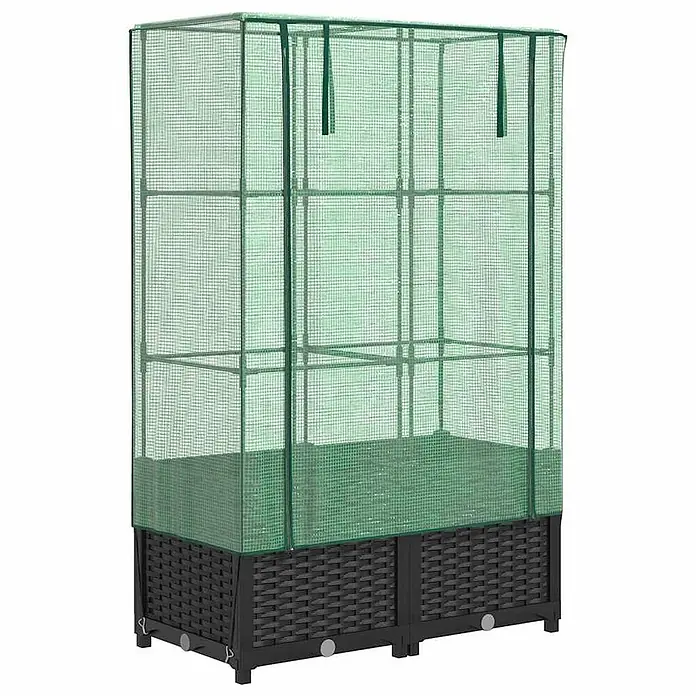 Furnicato Hochbeet Inklusive Gewächshaus-Aufsatz - 80 x 40 x 138 cm, Kunststoff, Schwarz - Hochbeet mit dunkelgrauem Korbgeflecht-Unterbau und grünem, transparentem Mini-Gewächshausaufsatz.