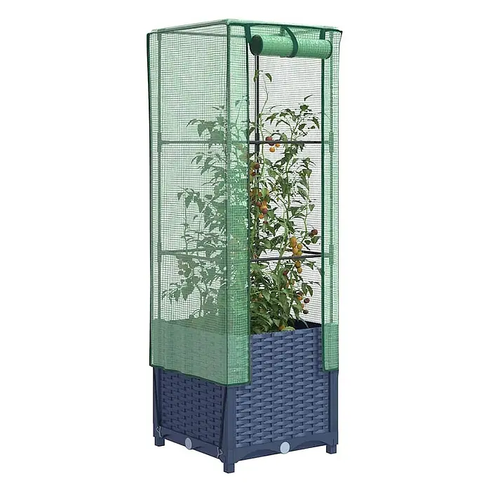 Furnicato Hochbeet Inklusive Gewächshaus-Aufsatz - 40 x 40 x 110 cm, Kunststoff, Blaugrau - Hohes, dunkelgraues Hochbeet in Korbflechtoptik mit grünem Maschen-Gewächshauszelt, das Tomatenpflanzen enthält. Die Abdeckung hat eine aufgerollte Frontöffnung.