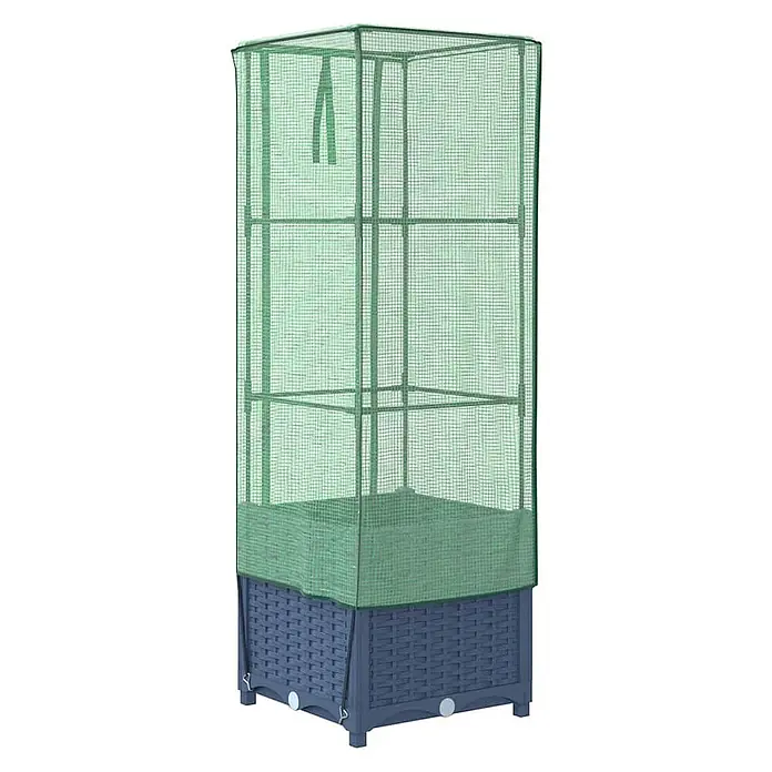 Furnicato Hochbeet Inklusive Gewächshaus-Aufsatz - 40 x 40 x 110 cm, Kunststoff, Blaugrau - Hohes grünes Netz-Minigewächshaus auf einem dunkelgrauen, Rattan-gemusterten Hochbeet, zur Pflanzenanzucht.