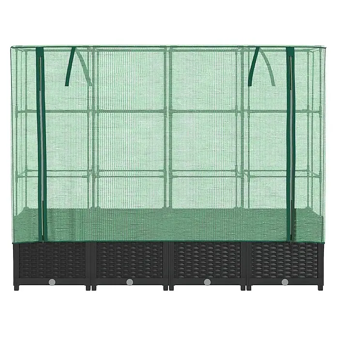 Furnicato Hochbeet Inklusive Gewächshaus-Aufsatz - 160 x 40 x 110 cm, Kunststoff, Schwarz - Hochbeet mit dunkelbraunem Rattan-Sockel und grüner Netz-Gewächshausabdeckung.