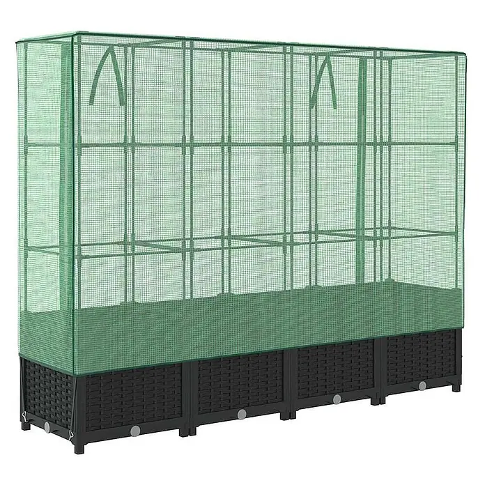 Furnicato Hochbeet Inklusive Gewächshaus-Aufsatz - 160 x 40 x 110 cm, Kunststoff, Schwarz - Langes Hochbeet mit schwarzem Rattan-Look-Sockel und grünem Netz-Gewächshausaufsatz.