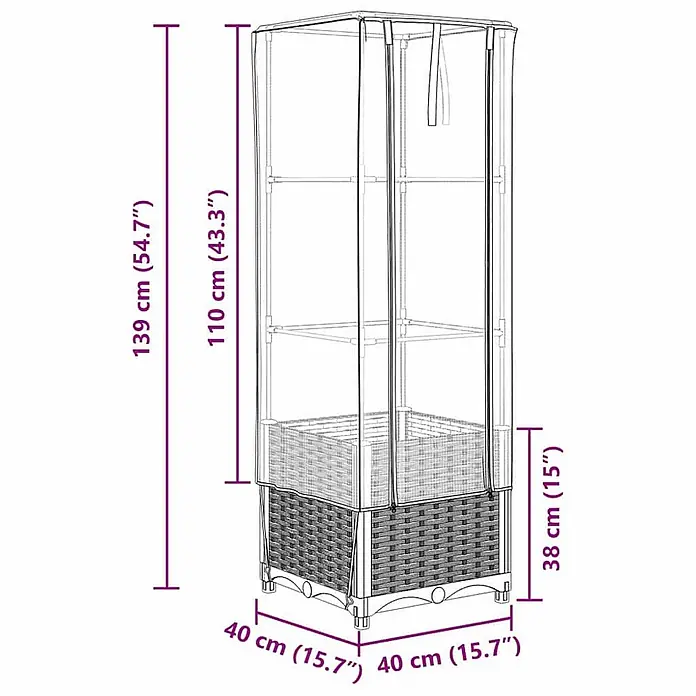 Furnicato Hochbeet Inklusive Gewächshaus-Aufsatz - 40 x 40 x 110 cm, Kunststoff, Blaugrau - Mini-Gewächshaus mit dunklem Rattan-Hochbeet und transparenter Abdeckung, Maße 40x40x139 cm.