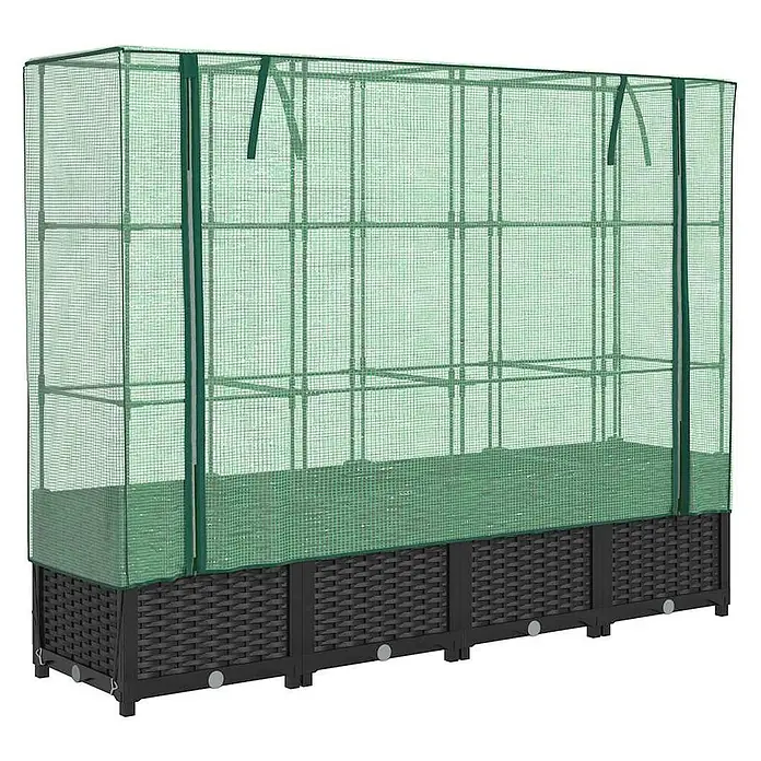Furnicato Hochbeet Inklusive Gewächshaus-Aufsatz - 160 x 40 x 110 cm, Kunststoff, Schwarz - Grünes Minigewächshaus mit Netzabdeckung auf dunklem Rattan-Hochbeet, zum Schutz von Pflanzen.