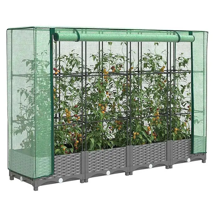 Furnicato Hochbeet Inklusive Gewächshaus-Aufsatz - 160 x 40 x 123 cm, Kunststoff, Hellgrau - Hochbeet mit Gewächshausabdeckung. Mit grauen Pflanzgefäßen in Rattanoptik, schwarzem Rahmen und grüner Netzabdeckung für den Pflanzenanbau.