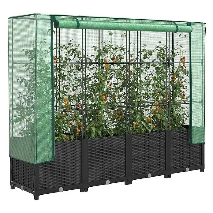 Furnicato Hochbeet Inklusive Gewächshaus-Aufsatz - 160 x 40 x 110 cm, Kunststoff, Schwarz - Schwarzes Hochbeet in Rattanoptik mit grünem Netz-Gewächshaus, das Tomatenpflanzen stützt.