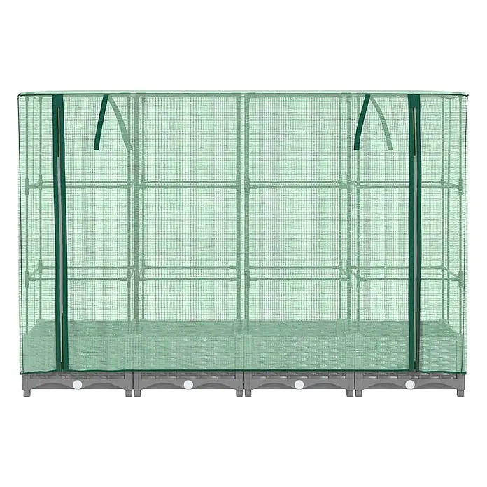 Furnicato Hochbeet Inklusive Gewächshaus-Aufsatz - 160 x 40 x 123 cm, Kunststoff, Hellgrau - Grünes Netz-Mini-Gewächshaus mit grauem Modulsockel.