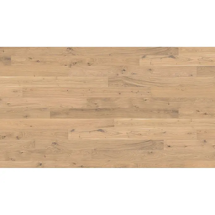Living by Haro Parkett - Eiche Weiß strukturiert Naturöl, Landhausdiele, 2.200 x 180 x 12 mm - Heller Eichenholzfußboden mit sichtbarer Maserung und Ästen.
