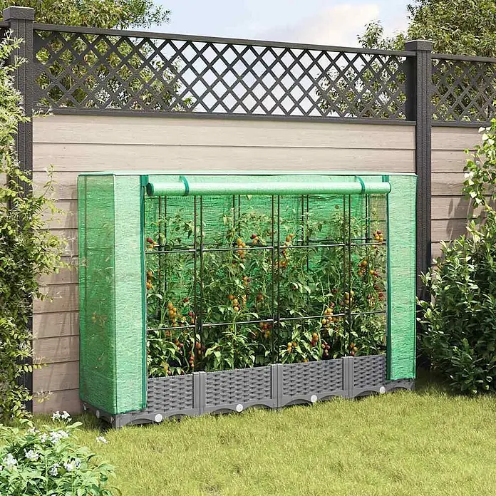 Furnicato Hochbeet Inklusive Gewächshaus-Aufsatz - 160 x 40 x 123 cm, Kunststoff, Hellgrau - Grünes Netz-Mini-Gewächshaus mit grauen Flecht-Pflanzkästen, Tomatenpflanzen im Garten.