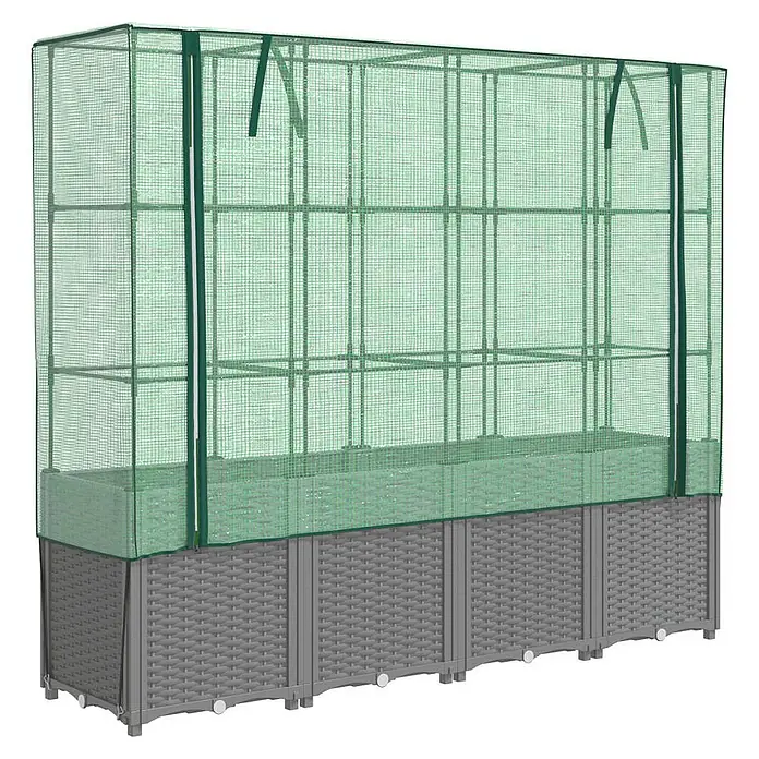 Furnicato Hochbeet Inklusive Gewächshaus-Aufsatz - 160 x 40 x 110 cm, Kunststoff, Hellgrau - Graues Hochbeet mit grünem Netz-Gewächshausaufsatz zum Schutz von Pflanzen.