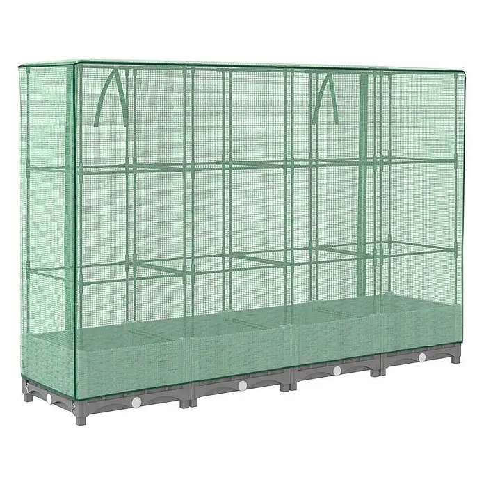 Furnicato Hochbeet Inklusive Gewächshaus-Aufsatz - 160 x 40 x 123 cm, Kunststoff, Hellgrau - Grünes begehbares Gewächshaus mit Netzabdeckung, Metallrahmen und mehreren Regalen über Hochbeeten.
