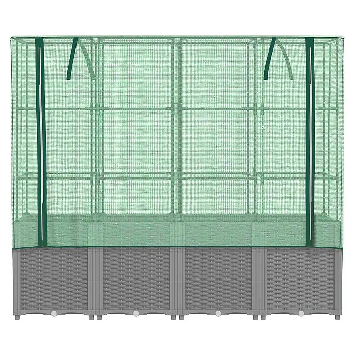 Furnicato Hochbeet Inklusive Gewächshaus-Aufsatz - 160 x 40 x 110 cm, Kunststoff, Hellgrau - Hochbeet mit grauem Rattan-Sockel und durchscheinender grüner Gewächshausabdeckung mit Reißverschluss.