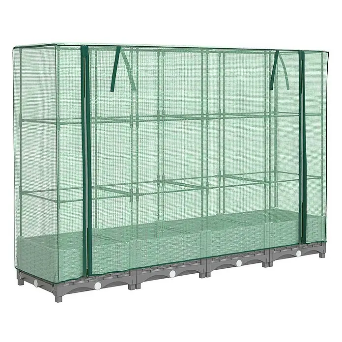 Furnicato Hochbeet Inklusive Gewächshaus-Aufsatz - 160 x 40 x 123 cm, Kunststoff, Hellgrau - Langes grünes Maschen-Gewächshaus mit Metallrahmen, grauem Kunststoffsockel und internen grünen Pflanzgefäßen.