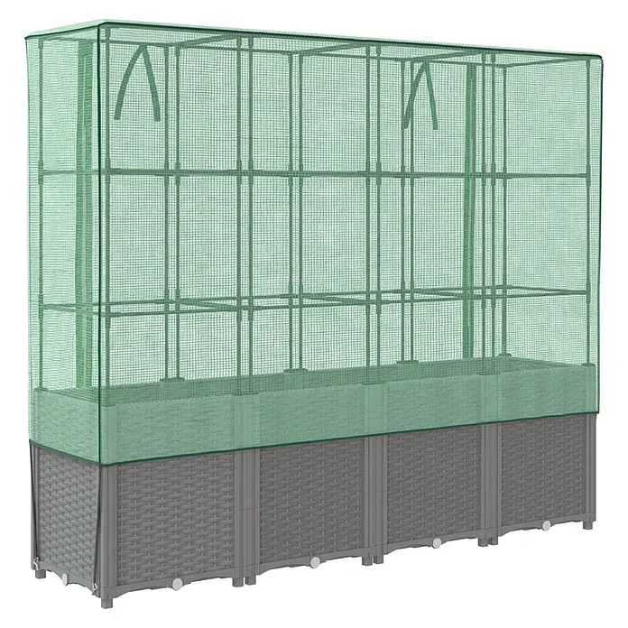Furnicato Hochbeet Inklusive Gewächshaus-Aufsatz - 160 x 40 x 110 cm, Kunststoff, Hellgrau - Grüner Netz-Gewächshausüberzug über einem grauen Hochbeet im Rattan-Stil zum Schutz von Pflanzen.