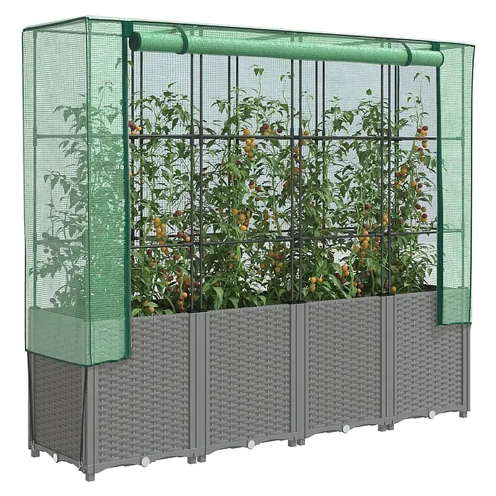 Furnicato Hochbeet Inklusive Gewächshaus-Aufsatz - 160 x 40 x 110 cm, Kunststoff, Hellgrau - Graues Hochbeet im Rattan-Look mit grünem Netzgewächshaus, das Tomatenpflanzen an Spalieren hält.