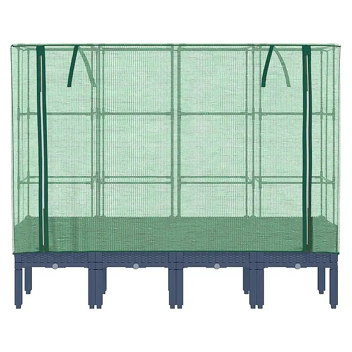 Furnicato Hochbeet Inklusive Gewächshaus-Aufsatz - 160 x 40 x 110 cm, Kunststoff, Blaugrau - Hochbeet mit dunkelgrauem Unterbau und grünem Netz-Gewächshausabdeckung.