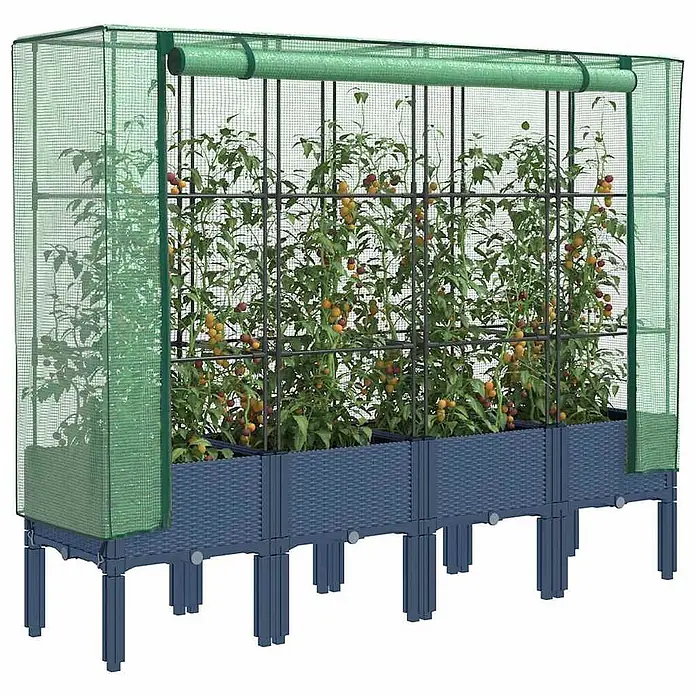 Furnicato Hochbeet Inklusive Gewächshaus-Aufsatz - 160 x 40 x 110 cm, Kunststoff, Blaugrau - Erhöhtes, dunkelblau/graues Hochbeet im Rattan-Stil mit grünem Netz-Gewächshausaufsatz, gefüllt mit Tomatenpflanzen.