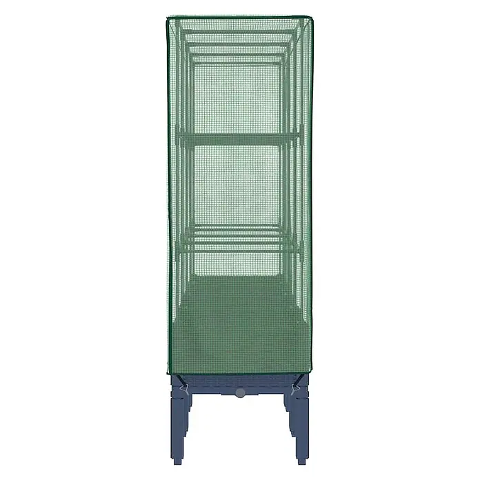 Furnicato Hochbeet Inklusive Gewächshaus-Aufsatz - 160 x 40 x 110 cm, Kunststoff, Blaugrau - Hohes, schmales Gewächshaus mit grüner Netzabdeckung über Metallrahmen auf einem dunkelblauen Hochbeet mit Beinen.